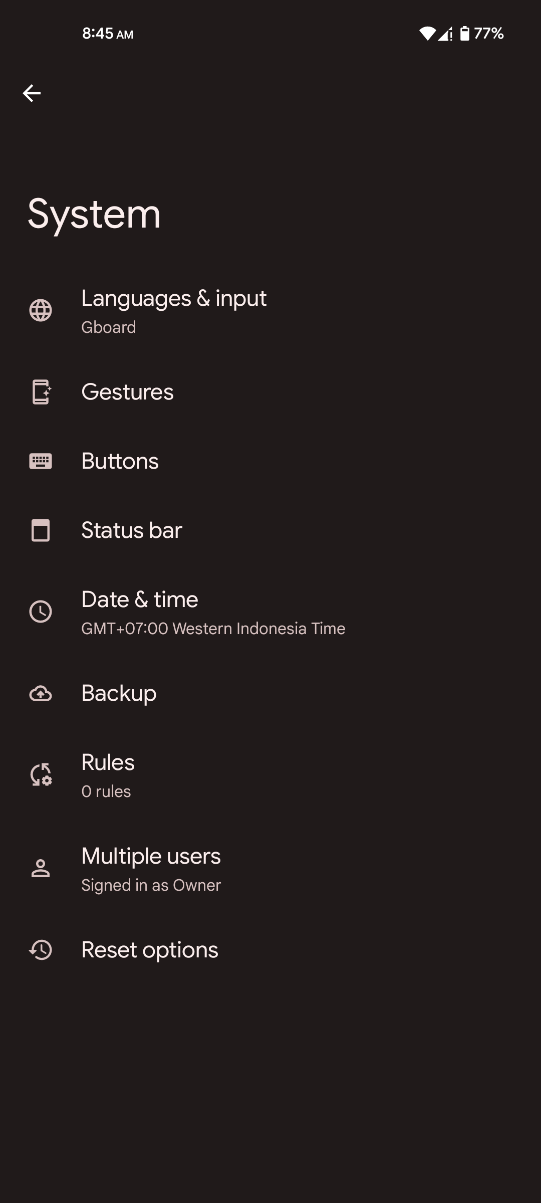 Settings System Section